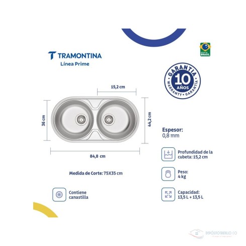 Lavaplatos Tramontina 84X44X31/2 Doble Poceta Satinado Rf:94035/102