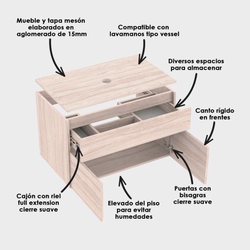 Kit Mueble 79 x 48 Macao Elevado Mali + Tapa Vessel Firplak 