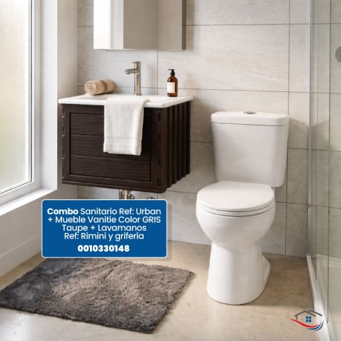  Combo Sanitario Ref: Urban + Mueble Vanitie Color GRIS Taupe + Lavamanos Ref : Rimini y grifería