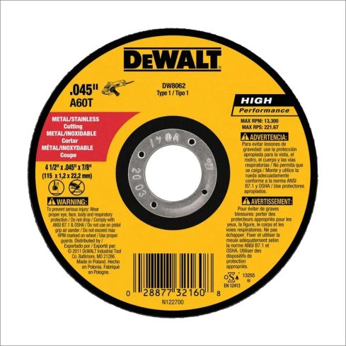 Disco Metal Corte Fino 4 1/2 Pulgadas X 0.045 Pulgadas X 7/8 Pulgadas Dewalt - Ref:0010170336