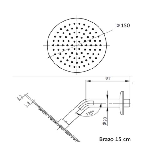 Regadera Redonda 6" 21St6000036 Lucca Negro-Mate Brazo 15Cm Stretto